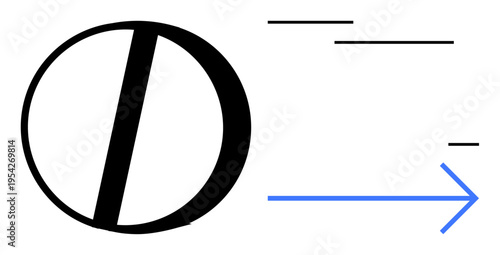 Motion, direction, progress, design, minimalism, abstract concepts. Circular shape with parallel lines and a blue arrow suggesting movement. Motion and direction as dynamic ideas