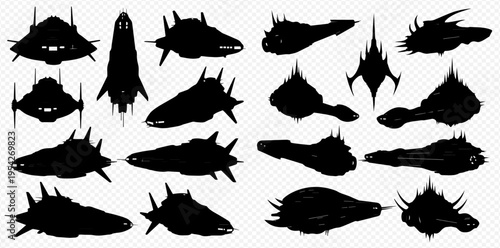 Collection of various sci-fi spaceship silhouettes, futuristic spacecraft designs, and alien vessel vectors for gaming and fantasy art.