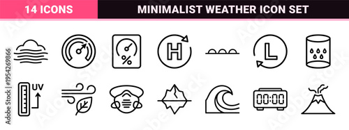Meteorological Forecasting and Climate Monitoring Ultra-Minimalist Monoline Geometric Line Art Icon Set for Professional Interface Design