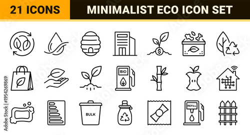 Sustainable Commerce and Green Living Minimalist Monoline Icon Set featuring Eco-Friendly Retail Symbols and Renewable Energy Geometric Line Art