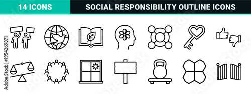 Ethics and Justice Ultra-Minimalist Monoline Icon Set Representing Human Rights Law Equality and Social Responsibility in Geometric Line Art