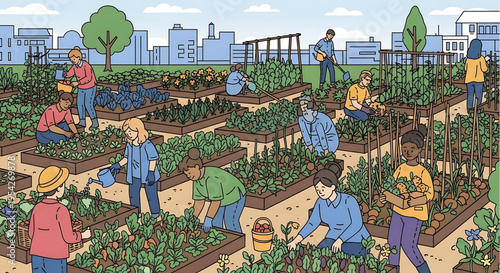 A vibrant community garden in an urban setting with people of diverse backgrounds working together to grow fresh produce.