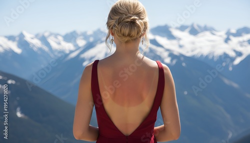 A woman with red sunburnt skin on her back overlooking a mountain range, travel health hazard, skincare awareness, vacation safety