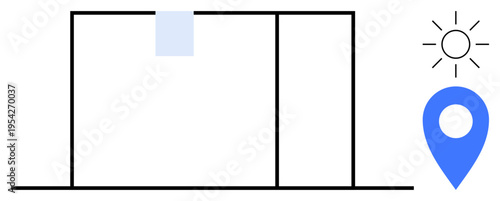 Urban navigation, travel planning, construction, geolocation, minimal design, modern architecture. Simple outlined building, sun and location pin icon. Urban navigation and geolocation concept