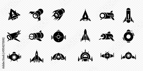Set of various black spaceship and rocket icons, representing space travel, exploration, and science fiction themes.