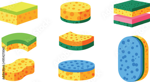 Cleaning Sponge Set with Kitchen Scrub Pads Colorful Foam Sponges and Dishwashing Tools Vector Illustration for Household Cleaning and Hygiene Design