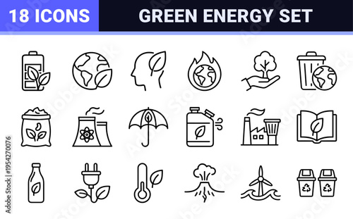 Ultra-Minimalist Monoline Ecology Icon Set Featuring Geometric Line Art Symbols for Sustainable Energy, Global Warming, and Green Conservation.