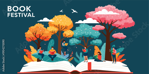 Book Festival Illustration with People Reading in Autumn Park on Open Book for Education Event Library Fair and Literature Celebration Design