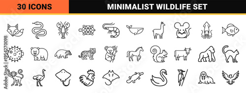 Minimalist Animal Species Line Art Icons for Wildlife Conservation Apps and Educational Materials Featuring Geometric Outlines and Pure Visual DNA.