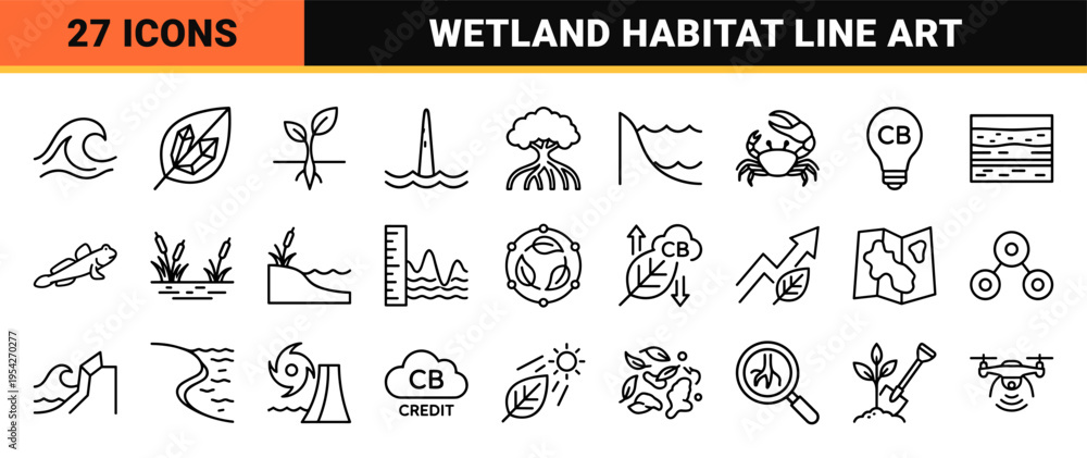 Naklejka premium Mangrove Coastal Ecosystem Ultra-Minimalist Monoline Icons Featuring Wetland Ecology, Marine Biology, and Carbon Sequestration Line Art Symbols