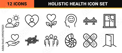 Mental Wellness and Holistic Self Care Icon Set with Ultra-Minimalist Monoline Aesthetic for Psychological Health and Emotional Balance Apps