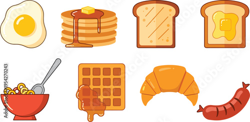 Collection of Breakfast Food Icons Set with Pancakes Eggs Toast Waffle Croissant Sausage and Cereal Bowl in Flat Hand Drawn Style