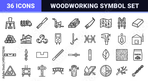 Ultra-minimalist Forestry and Wood Processing Icon Set Featuring Geometric Line Art Symbols for Timber Industry and Professional Carpentry Utility