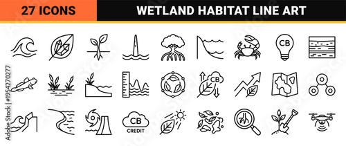 Mangrove Coastal Ecosystem Ultra-Minimalist Monoline Icons Featuring Wetland Ecology, Marine Biology, and Carbon Sequestration Line Art Symbols