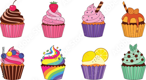 Collection of Colorful Cupcake Desserts Set with Chocolate Strawberry Rainbow Lemon and Mint Flavors in Flat Hand Drawn Style Illustration