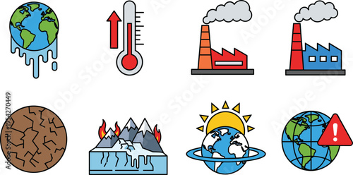 Collection of Climate Change and Global Warming Icons Set with Earth Temperature Factory Pollution Warning and Environmental Crisis Elements in Flat Style