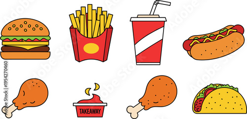 Collection of Fast Food Icons Set with Burger Fries Soda Hot Dog Chicken Taco and Takeaway Meal Items in Flat Style Illustration
