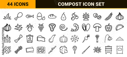 Ultra-minimalist monoline food waste and organic composting icons featuring geometric line art symbols for sustainable waste management systems.