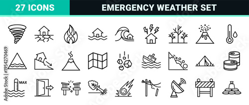 Natural Disaster and Extreme Weather Emergency Response Symbols featuring Ultra-Minimalist Geometric Outline Icons for Disaster Management.