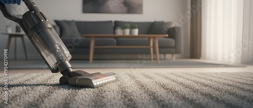 Vacuum cleaner cleaning a grey carpet in a modern living room, domestic hygiene routine, home maintenance, professional service