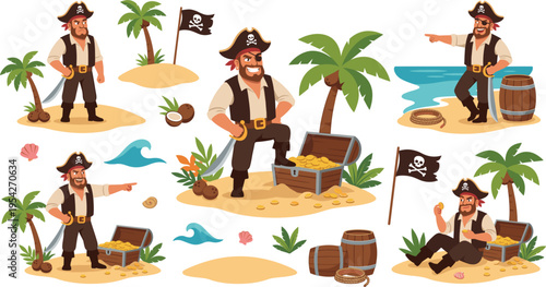 Pirate Character Illustrations with Treasure Chest, Palm Trees, Pirate Flags, and Beach Elements for Fun Adventure, Coastal Designs, and Kids' Artwork