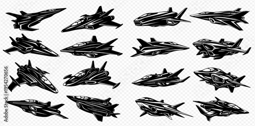 Set of various futuristic spaceship designs for science fiction and gaming concepts.