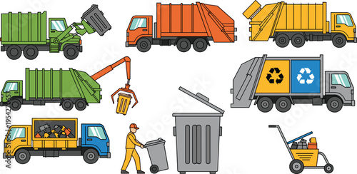 Collection of Garbage Trucks and Waste Collection Equipment Set with Recycling Vehicles Trash Bins Worker and Sanitation Service Elements in Flat Style