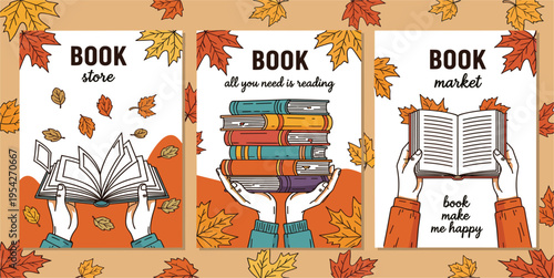 Autumn Book Store Flyer Template Set, Hand Drawn Book Market Posters with Falling Maple Leaves and Literary Quotes, Cozy Fall Reading Event Vector Backgrounds