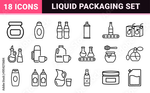 Liquid Packaging and Beverage Container Ultra-minimalist Monoline Geometric Line Art Icon Set for Commercial Product Distribution and Retail.
