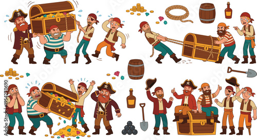 Pirate Crew Illustrations with Treasure Chest, Gold Coins, Gems, Rope, and Fun Pirate Adventures for Kids' Artwork, Coastal Designs, and Cartoon Characters