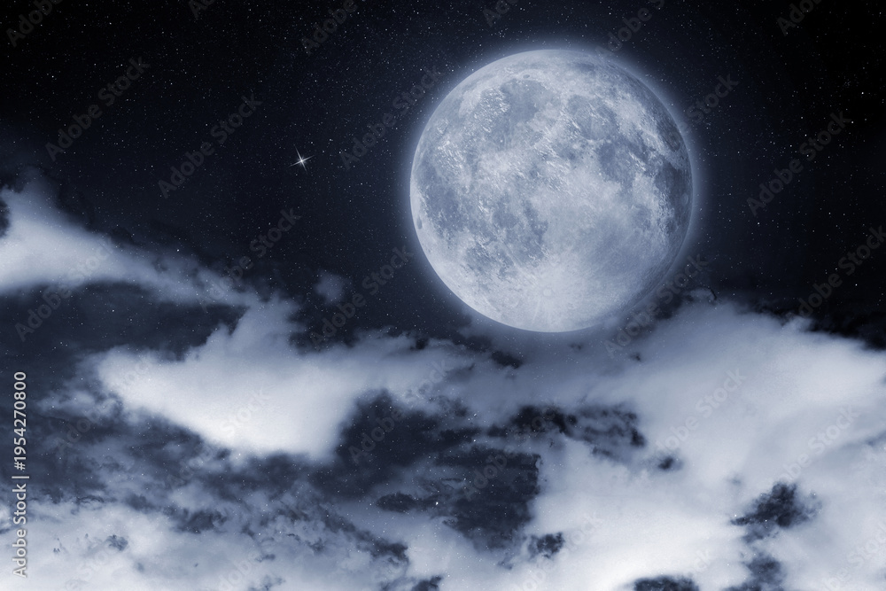 Fototapeta premium Big full moon among clouds in night sky