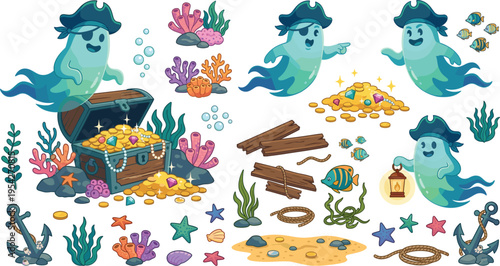 Pirate Ghosts with Treasure Chest, Fish, Coral, and Underwater Elements for Fun Ocean-Themed Illustrations, Kids' Artwork, and Coastal Designs