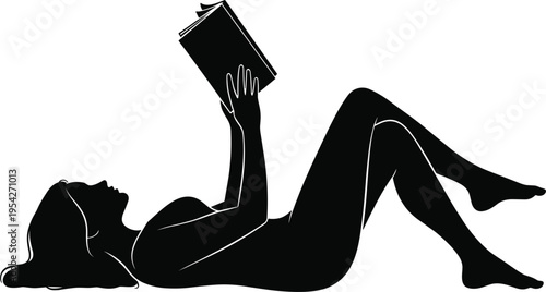 Elegant Female Silhouette Vector Set of Woman Reading Book in Chair and Lying Down, Relaxed Reader Profile for Literature and Wellness Designs Isolated on White