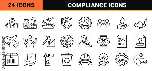 Regulatory Compliance and Corporate Governance Ultra-Minimalist Monoline Geometric Line Art Icons for Legal Policy and Risk Management Sets