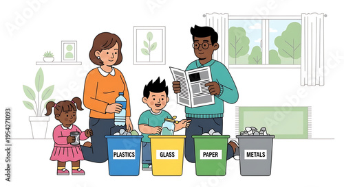 A family is sorting recyclables into different bins in their home