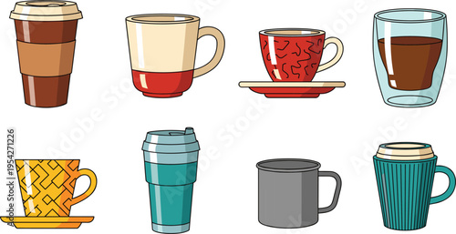 Collection of Various Coffee Cups and Mugs Set in Flat Hand Drawn Style Isolated on White Background for Cafe Beverage Design