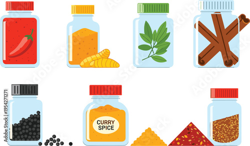 Collection of Spice Jars and Seasoning Ingredients Set with Pepper Turmeric Curry Powder Cinnamon and Herbs in Flat Hand Drawn Style
