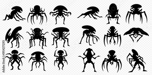 Set of Alien Creatures and Monsters Silhouettes on Transparent Background.
