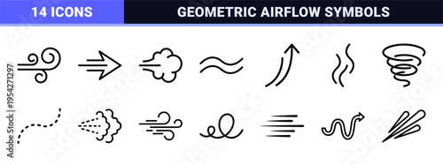Minimalist Wind and Motion Vector Icon Set featuring Geometric Line Art Gusts, Air Flow Symbols, and Atmospheric Weather Elements for UI Design