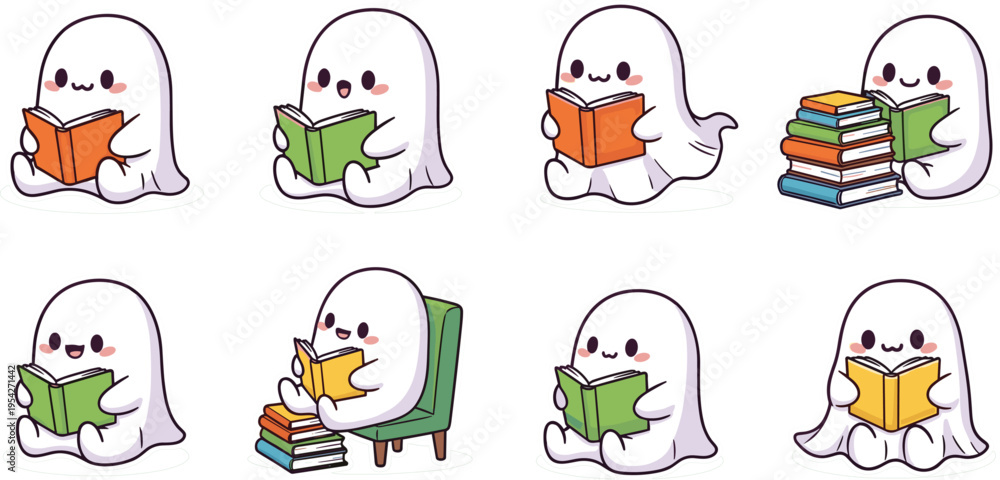 Obraz premium Cute Kawaii Ghost Reading Book Sticker Set Vector Illustration, Tiny Spooky Spirit Reading in Armchair and Library, Bookworm Ghost Clipart for Halloween and Reading Journals