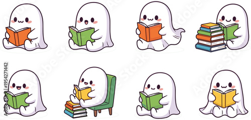 Cute Kawaii Ghost Reading Book Sticker Set Vector Illustration, Tiny Spooky Spirit Reading in Armchair and Library, Bookworm Ghost Clipart for Halloween and Reading Journals