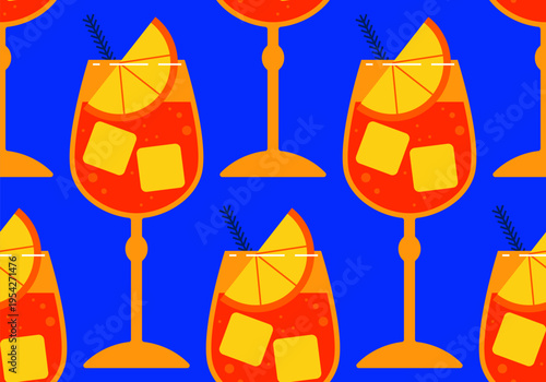Seamless pattern with Spritz classic cocktail. Spritz Cocktail in glass with ice and slice of orange. Aperol Campari Alcoholic Beverage