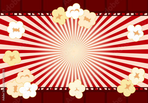 Cinema background. Popcorn for cinema and movie film tape background