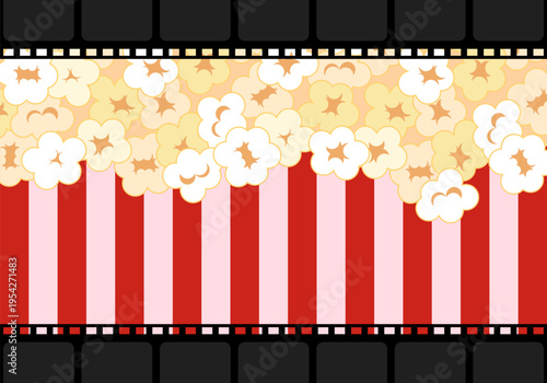 Cinema background. Popcorn for cinema and movie film tape background