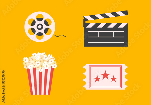 Big movie reel Open clapper board Popcorn box package ticket. Popcorn box package Big movie reel. Open clapper board. Ticket Admit one