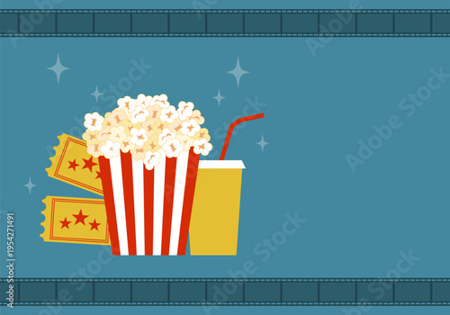 Cinema icon set. Popcorn box package Big movie reel. Open clapper board. Ticket Admit one. Cinema festival poster or background. Movie poster