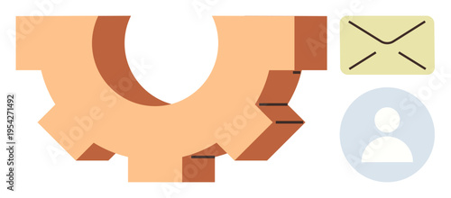 Automation, workflow management, user onboarding, business processes, communication systems, digital tools. A gear, envelope and user icon. Automation and workflow management concept
