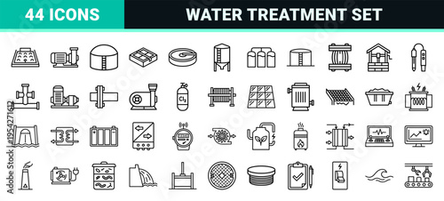 Industrial Water Treatment and Utility Infrastructure Symbols in Ultra-Minimalist Geometric Monoline Aesthetic for Professional Engineering Systems