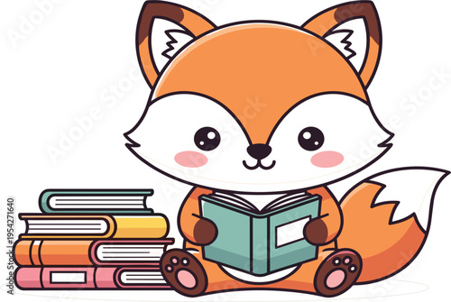Cute Fox Reading Book Cartoon Illustration with Stack of Books for Kids Education Nursery Decor and Animal Character Vector Design