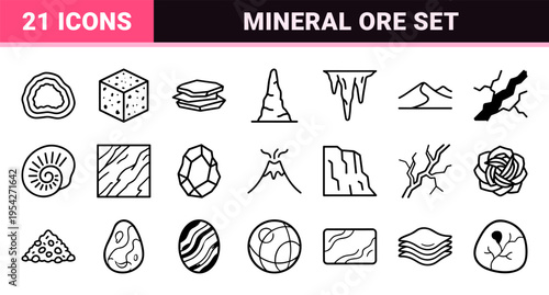 Geological Mineral Specimens and Raw Ore Fragments Ultra-Minimalist Monoline Geometric Line Art Symbols for Scientific and Mining Database
